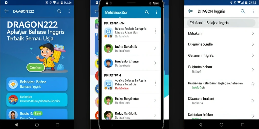 Antarmuka aplikasi DRAGON222 yang interaktif dan menarik untuk belajar bahasa Inggris.